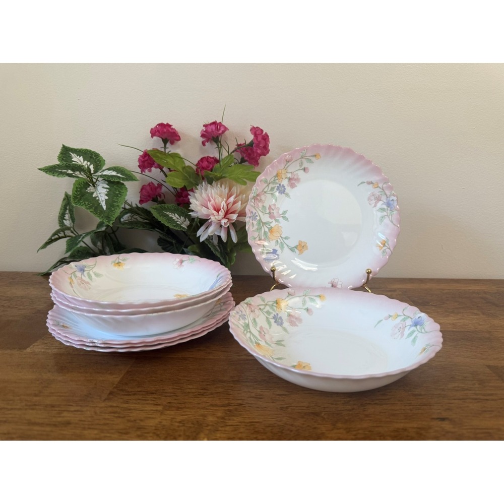Vintage Luminarc France Floral Dish‎ Set Plates Bowls Pink Rim Pastel Flowers